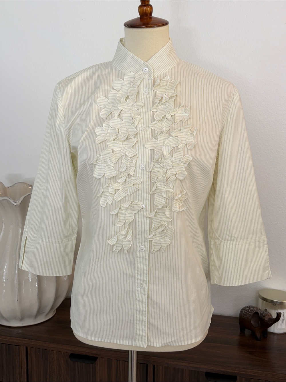 Ideology White with Green Striped Button-Front Shirt with Floral Appliqué